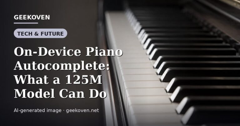Illustration for the Tech & Future article “On-Device Piano Autocomplete: What a 125M Model Can Do”: an AI-generated editorial illustration showing a scene illustrating the subject of the article, with the headline set over it. Illustrative only, not a photograph of a real event.