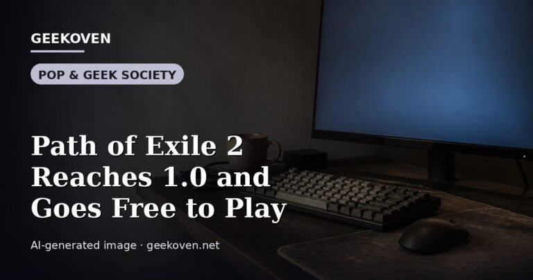 Illustration for the Pop & Geek Society article “Path of Exile 2 Reaches 1.0 and Goes Free to Play”: an AI-generated editorial illustration showing a scene illustrating the subject of the article, with the headline set over it. Illustrative only, not a photograph of a real event.