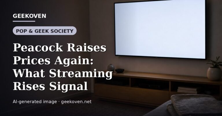 Illustration for the Pop & Geek Society article “Peacock Raises Prices Again: What Streaming Rises Signal”: an AI-generated editorial illustration showing a stadium crowd seen from high above, lights arranged in coordinated patterns, with the headline set over it. Illustrative only, not a photograph of a real event.
