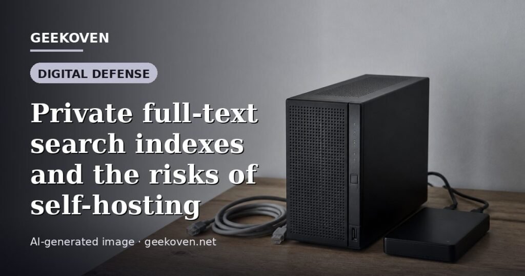 Illustration for the Digital Defense article “Private full-text search indexes and the risks of self-hosting”: an AI-generated editorial illustration showing a scene illustrating the subject of the article, with the headline set over it. Illustrative only, not a photograph of a real event.