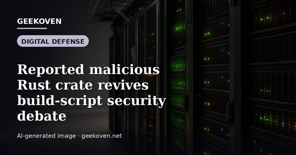Illustration for the Digital Defense article “Reported malicious Rust crate revives build-script security debate”: an AI-generated editorial illustration showing a scene illustrating the subject of the article, with the headline set over it. Illustrative only, not a photograph of a real event.