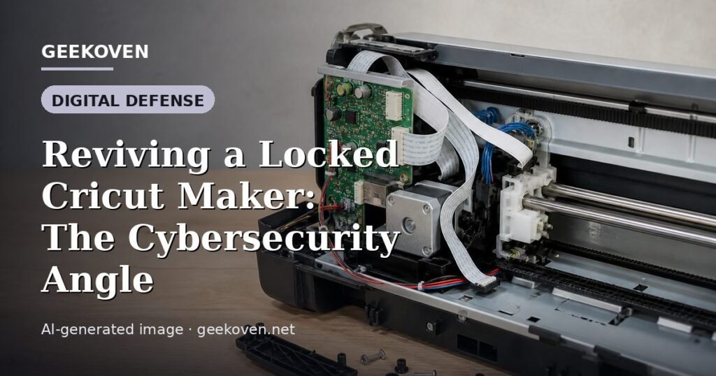 Illustration for the Digital Defense article “Reviving a Locked Cricut Maker: The Cybersecurity Angle”: an AI-generated editorial illustration showing a scene illustrating the subject of the article, with the headline set over it. Illustrative only, not a photograph of a real event.