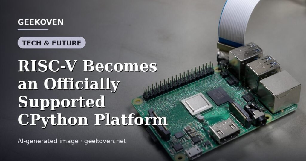 Illustration for the Tech & Future article “RISC-V Becomes an Officially Supported CPython Platform”: an AI-generated editorial illustration showing a scene illustrating the subject of the article, with the headline set over it. Illustrative only, not a photograph of a real event.