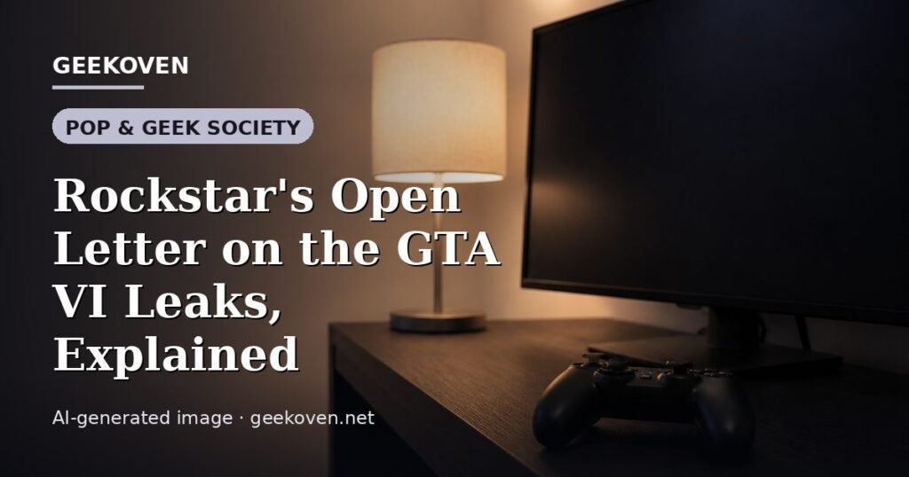 Illustration for the Pop & Geek Society article “Rockstar's Open Letter on the GTA VI Leaks, Explained”: an AI-generated editorial illustration showing a stadium crowd seen from high above, lights arranged in coordinated patterns, with the headline set over it. Illustrative only, not a photograph of a real event.