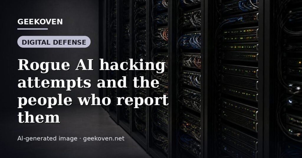 Illustration for the Digital Defense article “Rogue AI hacking attempts and the people who report them”: an AI-generated editorial illustration showing a scene illustrating the subject of the article, with the headline set over it. Illustrative only, not a photograph of a real event.
