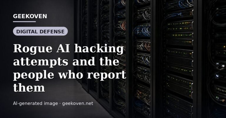Illustration for the Digital Defense article “Rogue AI hacking attempts and the people who report them”: an AI-generated editorial illustration showing a scene illustrating the subject of the article, with the headline set over it. Illustrative only, not a photograph of a real event.