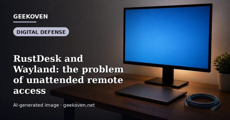 Illustration for the Digital Defense article “RustDesk and Wayland: the problem of unattended remote access”: an AI-generated editorial illustration showing a scene illustrating the subject of the article, with the headline set over it. Illustrative only, not a photograph of a real event.