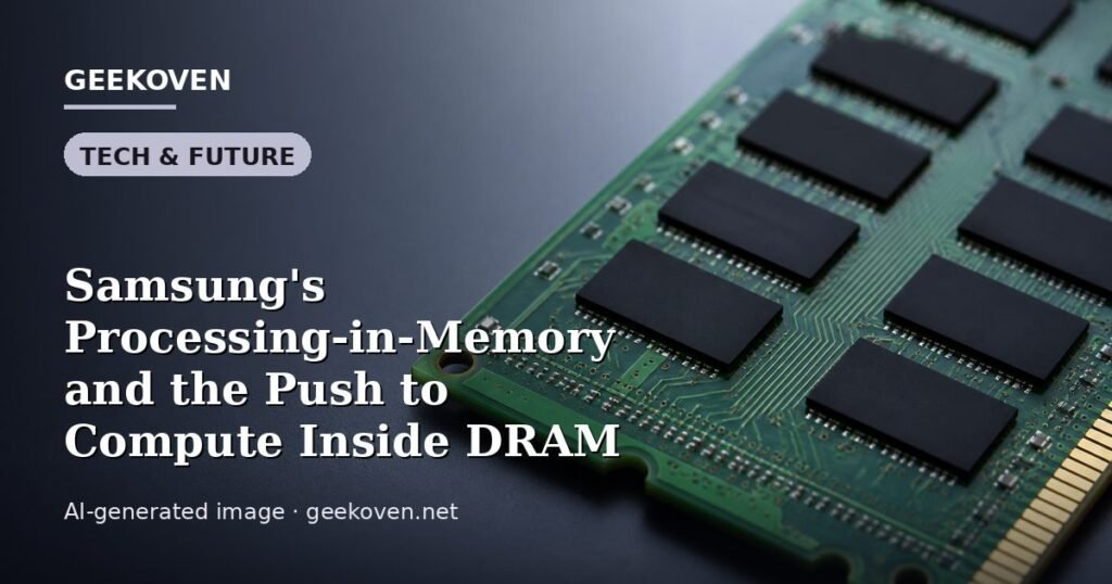 Illustration for the Tech & Future article “Samsung's Processing-in-Memory and the Push to Compute Inside DRAM”: an AI-generated editorial illustration showing a server hall with long rows of equipment cabinets and power infrastructure, with the headline set over it. Illustrative only, not a photograph of a real event.