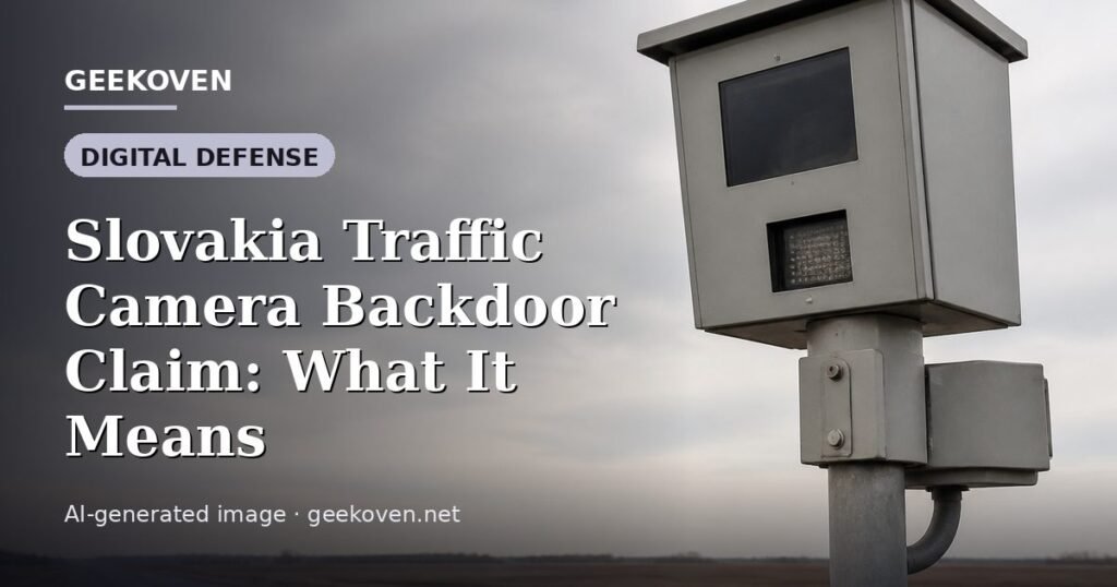 Illustration for the Digital Defense article “Slovakia Traffic Camera Backdoor Claim: What It Means”: an AI-generated editorial illustration showing a scene illustrating the subject of the article, with the headline set over it. Illustrative only, not a photograph of a real event.
