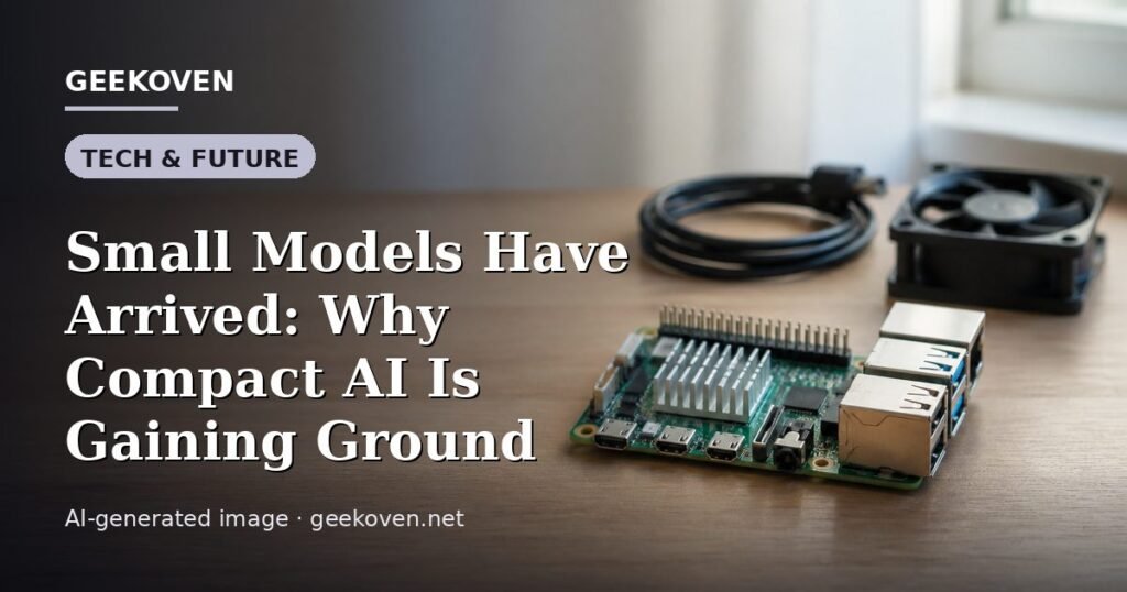 Illustration for the Tech & Future article “Small Models Have Arrived: Why Compact AI Is Gaining Ground”: an AI-generated editorial illustration showing a scene illustrating the subject of the article, with the headline set over it. Illustrative only, not a photograph of a real event.