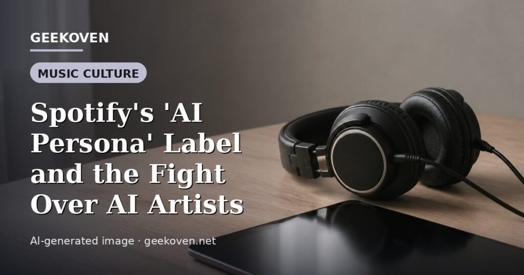 Illustration for the Music Culture article “Spotify's 'AI Persona' Label and the Fight Over AI Artists”: an AI-generated editorial illustration showing a stadium crowd seen from high above, lights arranged in coordinated patterns, with the headline set over it. Illustrative only, not a photograph of a real event.