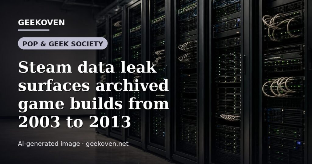 Illustration for the Pop & Geek Society article “Steam data leak surfaces archived game builds from 2003 to 2013”: an AI-generated editorial illustration showing a scene illustrating the subject of the article, with the headline set over it. Illustrative only, not a photograph of a real event.