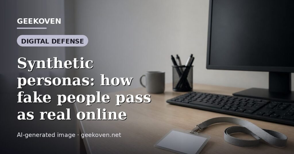 Illustration for the Digital Defense article “Synthetic personas: how fake people pass as real online”: an AI-generated editorial illustration showing a scene illustrating the subject of the article, with the headline set over it. Illustrative only, not a photograph of a real event.