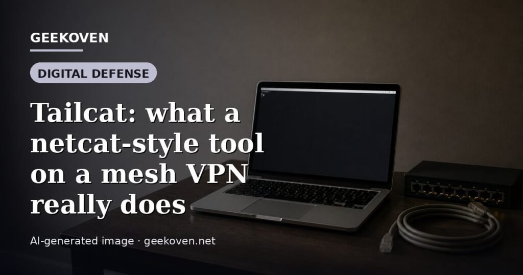Illustration for the Digital Defense article “Tailcat: what a netcat-style tool on a mesh VPN really does”: an AI-generated editorial illustration showing a scene illustrating the subject of the article, with the headline set over it. Illustrative only, not a photograph of a real event.