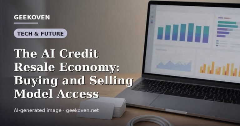 Illustration for the Tech & Future article “The AI Credit Resale Economy: Buying and Selling Model Access”: an AI-generated editorial illustration showing a scene illustrating the subject of the article, with the headline set over it. Illustrative only, not a photograph of a real event.