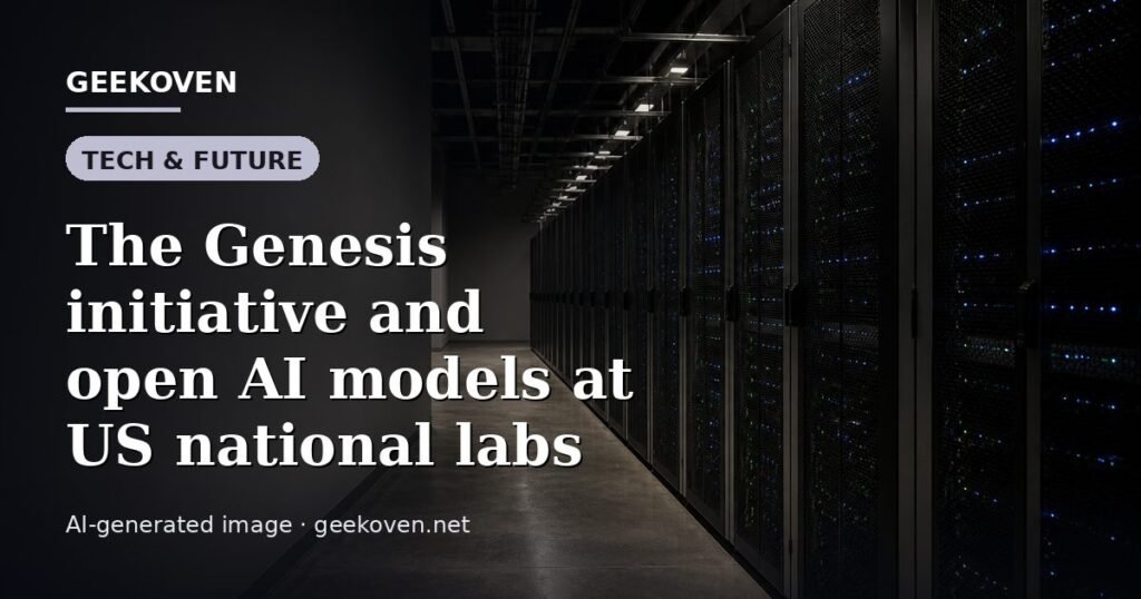 Illustration for the Tech & Future article “The Genesis initiative and open AI models at US national labs”: an AI-generated editorial illustration showing a scene illustrating the subject of the article, with the headline set over it. Illustrative only, not a photograph of a real event.