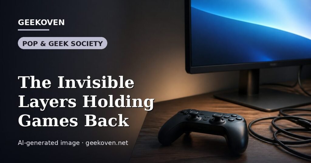 Illustration for the Pop & Geek Society article “The Invisible Layers Holding Games Back”: an AI-generated editorial illustration showing a studio workspace seen from above, with a production timeline across the wall, with the headline set over it. Illustrative only, not a photograph of a real event.