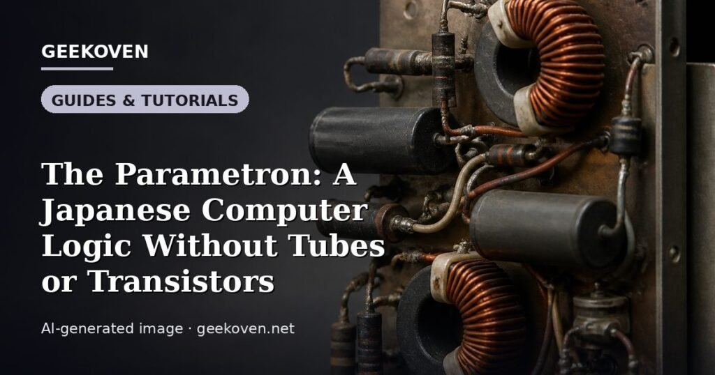 Illustration for the Guides & Tutorials article “The Parametron: A Japanese Computer Logic Without Tubes or Transistors”: an AI-generated editorial illustration showing a scene illustrating the subject of the article, with the headline set over it. Illustrative only, not a photograph of a real event.