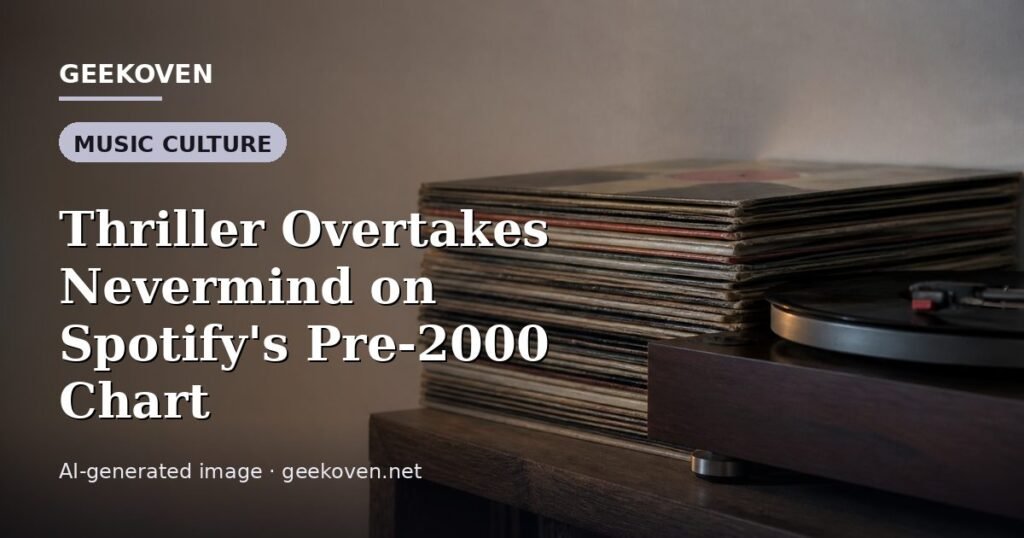Illustration for the Music Culture article “Thriller Overtakes Nevermind on Spotify's Pre-2000 Chart”: an AI-generated editorial illustration showing a stadium crowd seen from high above, lights arranged in coordinated patterns, with the headline set over it. Illustrative only, not a photograph of a real event.