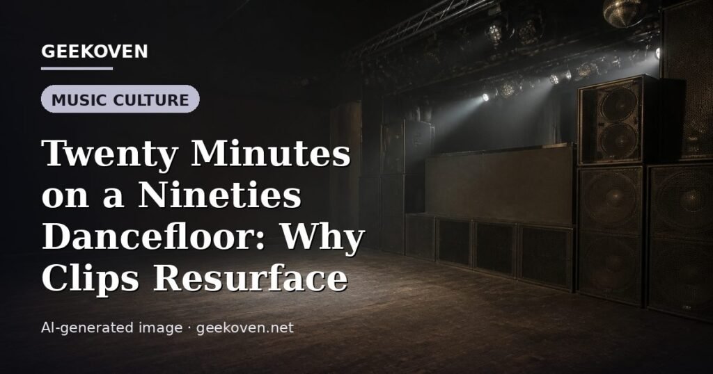Illustration for the Music Culture article “Twenty Minutes on a Nineties Dancefloor: Why Clips Resurface”: an AI-generated editorial illustration showing a scene illustrating the subject of the article, with the headline set over it. Illustrative only, not a photograph of a real event.