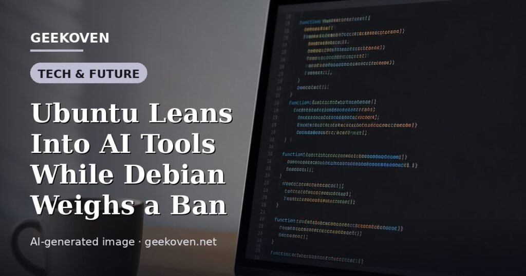 Illustration for the Tech & Future article “Ubuntu Leans Into AI Tools While Debian Weighs a Ban”: an AI-generated editorial illustration showing a scene illustrating the subject of the article, with the headline set over it. Illustrative only, not a photograph of a real event.
