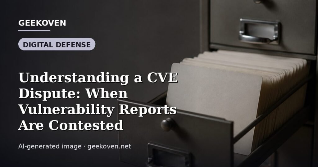 Illustration for the Digital Defense article “Understanding a CVE Dispute: When Vulnerability Reports Are Contested”: an AI-generated editorial illustration showing a scene illustrating the subject of the article, with the headline set over it. Illustrative only, not a photograph of a real event.