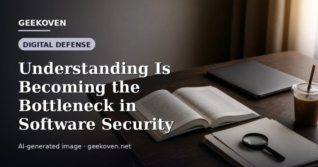 Illustration for the Digital Defense article “Understanding Is Becoming the Bottleneck in Software Security”: an AI-generated editorial illustration showing a scene illustrating the subject of the article, with the headline set over it. Illustrative only, not a photograph of a real event.