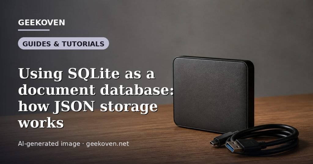 Illustration for the Guides & Tutorials article “Using SQLite as a document database: how JSON storage works”: an AI-generated editorial illustration showing a scene illustrating the subject of the article, with the headline set over it. Illustrative only, not a photograph of a real event.
