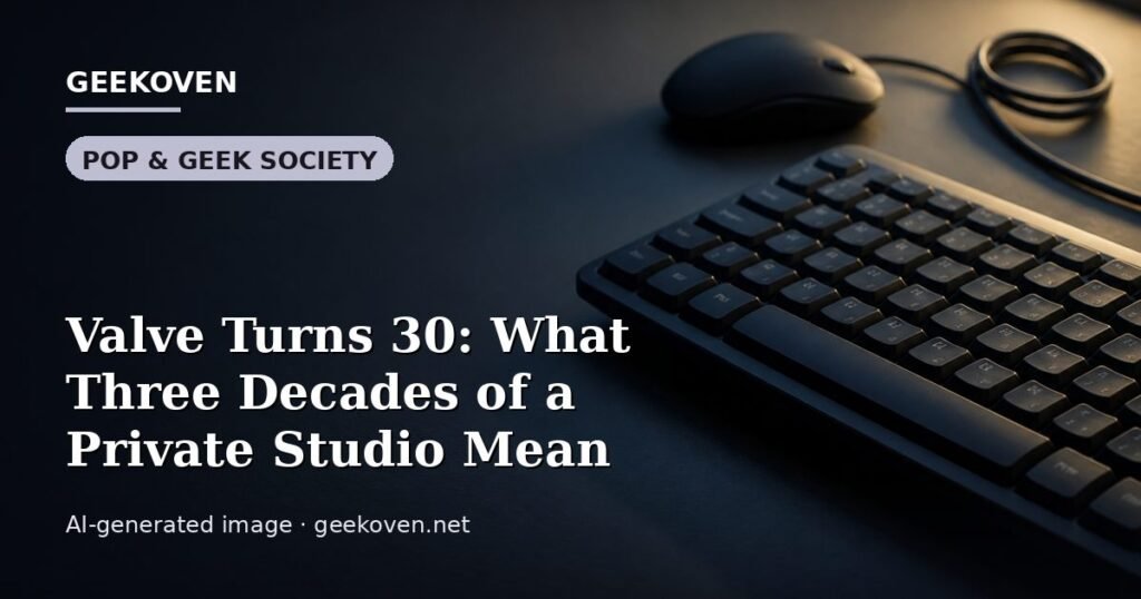 Illustration for the Pop & Geek Society article “Valve Turns 30: What Three Decades of a Private Studio Mean”: an AI-generated editorial illustration showing a scene illustrating the subject of the article, with the headline set over it. Illustrative only, not a photograph of a real event.