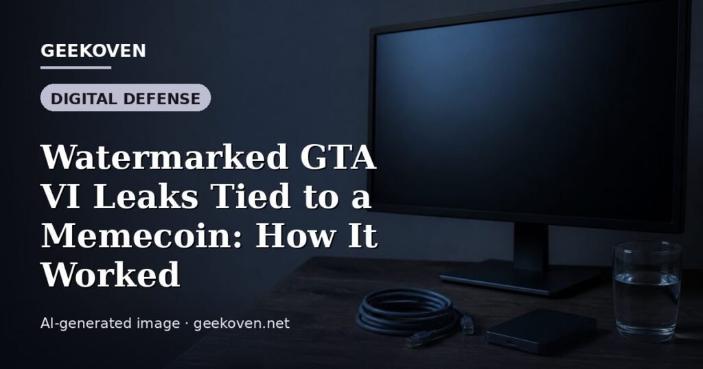 Illustration for the Digital Defense article “Watermarked GTA VI Leaks Tied to a Memecoin: How It Worked”: an AI-generated editorial illustration showing a scene illustrating the subject of the article, with the headline set over it. Illustrative only, not a photograph of a real event.