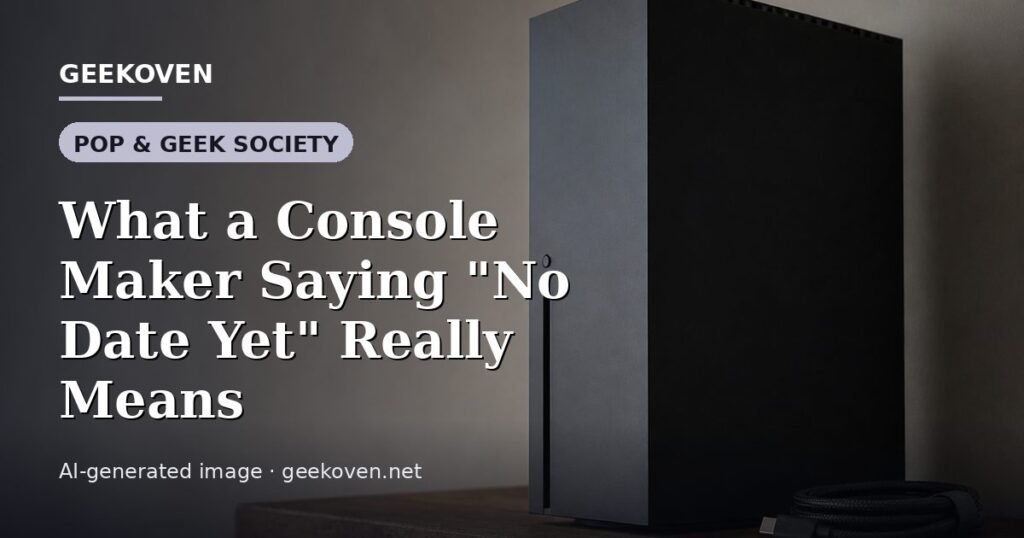 Illustration for the Pop & Geek Society article “What a Console Maker Saying "No Date Yet" Really Means”: an AI-generated editorial illustration showing a studio workspace seen from above, with a production timeline across the wall, with the headline set over it. Illustrative only, not a photograph of a real event.