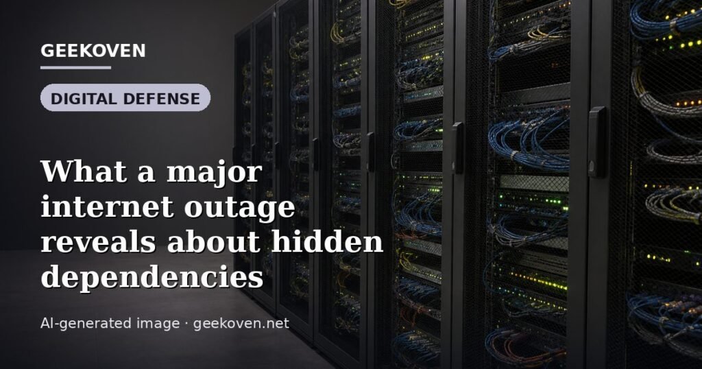 Illustration for the Digital Defense article “What a major internet outage reveals about hidden dependencies”: an AI-generated editorial illustration showing a scene illustrating the subject of the article, with the headline set over it. Illustrative only, not a photograph of a real event.