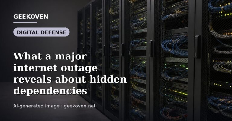 Illustration for the Digital Defense article “What a major internet outage reveals about hidden dependencies”: an AI-generated editorial illustration showing a scene illustrating the subject of the article, with the headline set over it. Illustrative only, not a photograph of a real event.