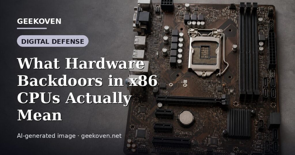 Illustration for the Digital Defense article “What Hardware Backdoors in x86 CPUs Actually Mean”: an AI-generated editorial illustration showing a scene illustrating the subject of the article, with the headline set over it. Illustrative only, not a photograph of a real event.