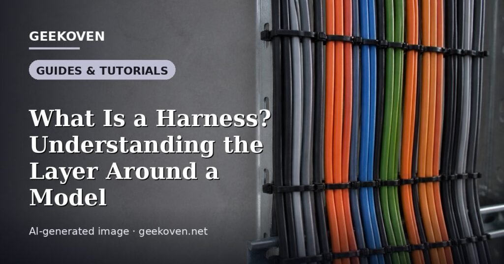 Illustration for the Guides & Tutorials article “What Is a Harness? Understanding the Layer Around a Model”: an AI-generated editorial illustration showing a scene illustrating the subject of the article, with the headline set over it. Illustrative only, not a photograph of a real event.