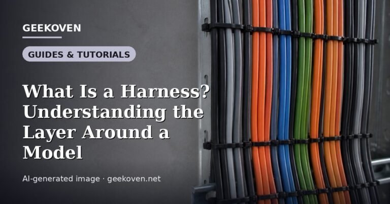 Illustration for the Guides & Tutorials article “What Is a Harness? Understanding the Layer Around a Model”: an AI-generated editorial illustration showing a scene illustrating the subject of the article, with the headline set over it. Illustrative only, not a photograph of a real event.