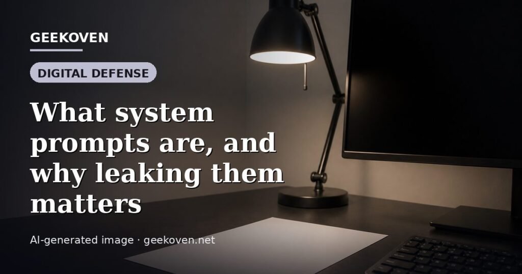 Illustration for the Digital Defense article “What system prompts are, and why leaking them matters”: an AI-generated editorial illustration showing a scene illustrating the subject of the article, with the headline set over it. Illustrative only, not a photograph of a real event.