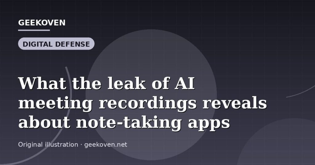 Illustration for the Digital Defense article “What the leak of AI meeting recordings reveals about note-taking apps”: an AI-generated editorial illustration showing a scene illustrating the subject of the article, with the headline set over it. Illustrative only, not a photograph of a real event.