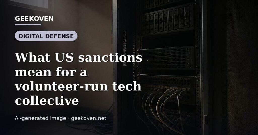 Illustration for the Digital Defense article “What US sanctions mean for a volunteer-run tech collective”: an AI-generated editorial illustration showing a scene illustrating the subject of the article, with the headline set over it. Illustrative only, not a photograph of a real event.