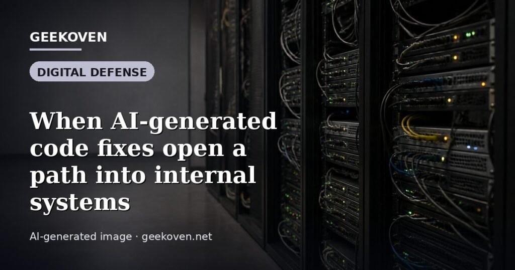 Illustration for the Digital Defense article “When AI-generated code fixes open a path into internal systems”: an AI-generated editorial illustration showing a scene illustrating the subject of the article, with the headline set over it. Illustrative only, not a photograph of a real event.