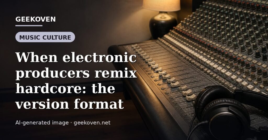 Illustration for the Music Culture article “When electronic producers remix hardcore: the version format”: an AI-generated editorial illustration showing a stadium crowd seen from high above, lights arranged in coordinated patterns, with the headline set over it. Illustrative only, not a photograph of a real event.