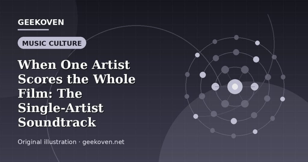 Illustration for the Music Culture article “When One Artist Scores the Whole Film: The Single-Artist Soundtrack”: an AI-generated editorial illustration showing a stadium crowd seen from high above, lights arranged in coordinated patterns, with the headline set over it. Illustrative only, not a photograph of a real event.