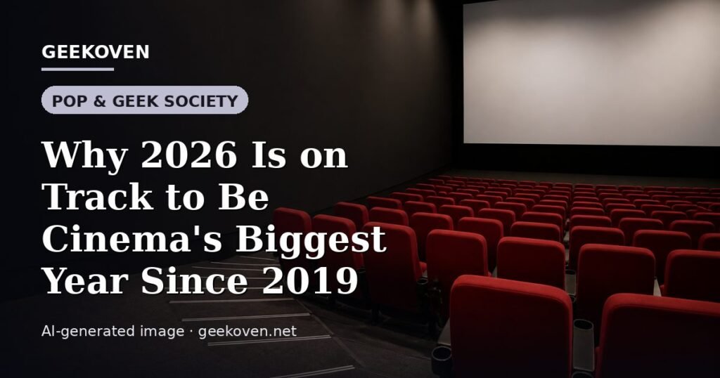 Illustration for the Pop & Geek Society article “Why 2026 Is on Track to Be Cinema's Biggest Year Since 2019”: an AI-generated editorial illustration showing a stadium crowd seen from high above, lights arranged in coordinated patterns, with the headline set over it. Illustrative only, not a photograph of a real event.