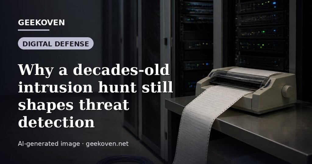 Illustration for the Digital Defense article “Why a decades-old intrusion hunt still shapes threat detection”: an AI-generated editorial illustration showing a scene illustrating the subject of the article, with the headline set over it. Illustrative only, not a photograph of a real event.