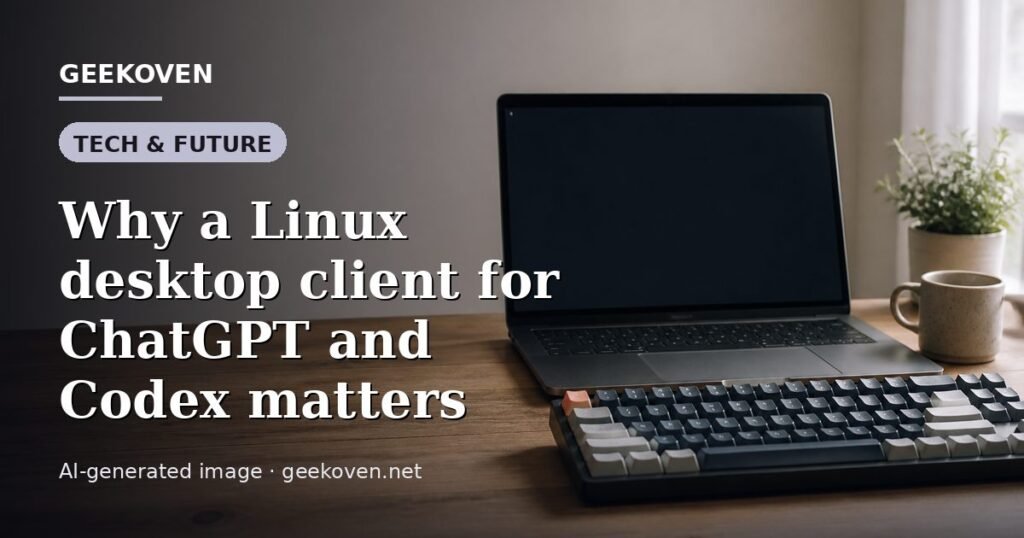 Illustration for the Tech & Future article “Why a Linux desktop client for ChatGPT and Codex matters”: an AI-generated editorial illustration showing a scene illustrating the subject of the article, with the headline set over it. Illustrative only, not a photograph of a real event.
