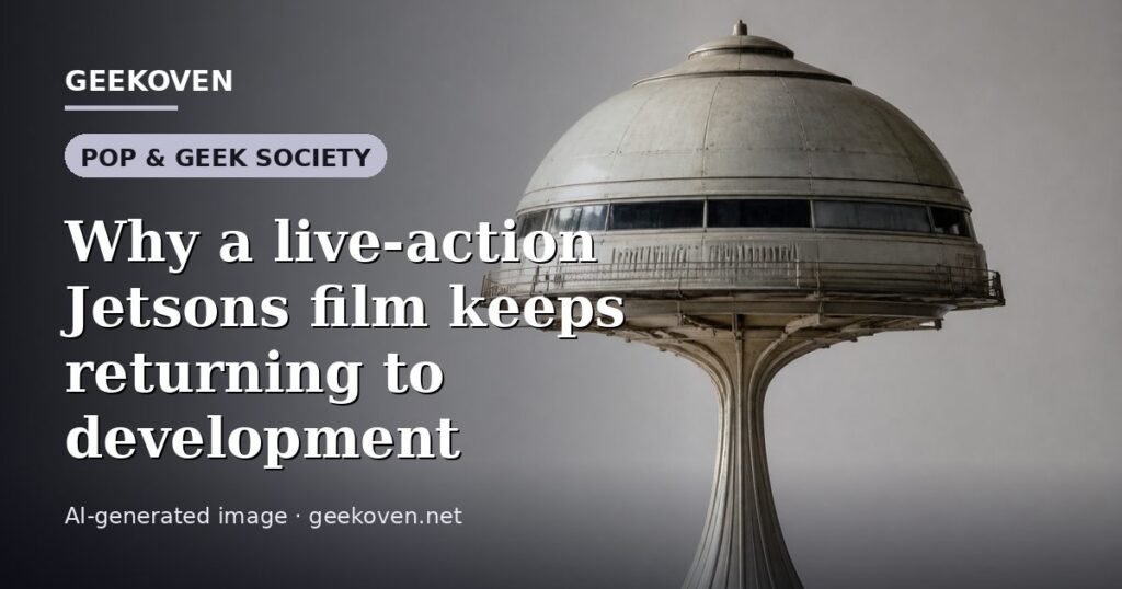 Illustration for the Pop & Geek Society article “Why a live-action Jetsons film keeps returning to development”: an AI-generated editorial illustration showing a scene illustrating the subject of the article, with the headline set over it. Illustrative only, not a photograph of a real event.