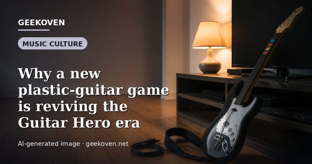 Illustration for the Music Culture article “Why a new plastic-guitar game is reviving the Guitar Hero era”: an AI-generated editorial illustration showing a scene illustrating the subject of the article, with the headline set over it. Illustrative only, not a photograph of a real event.