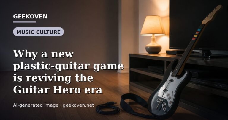 Illustration for the Music Culture article “Why a new plastic-guitar game is reviving the Guitar Hero era”: an AI-generated editorial illustration showing a scene illustrating the subject of the article, with the headline set over it. Illustrative only, not a photograph of a real event.