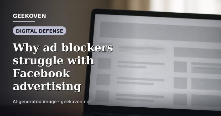 Illustration for the Digital Defense article “Why ad blockers struggle with Facebook advertising”: an AI-generated editorial illustration showing a scene illustrating the subject of the article, with the headline set over it. Illustrative only, not a photograph of a real event.