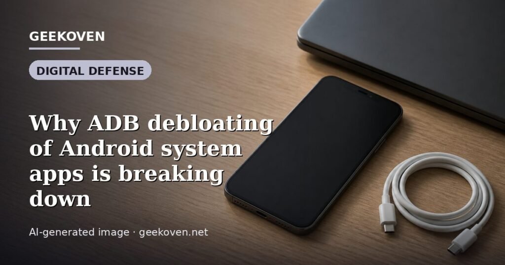 Illustration for the Digital Defense article “Why ADB debloating of Android system apps is breaking down”: an AI-generated editorial illustration showing a scene illustrating the subject of the article, with the headline set over it. Illustrative only, not a photograph of a real event.